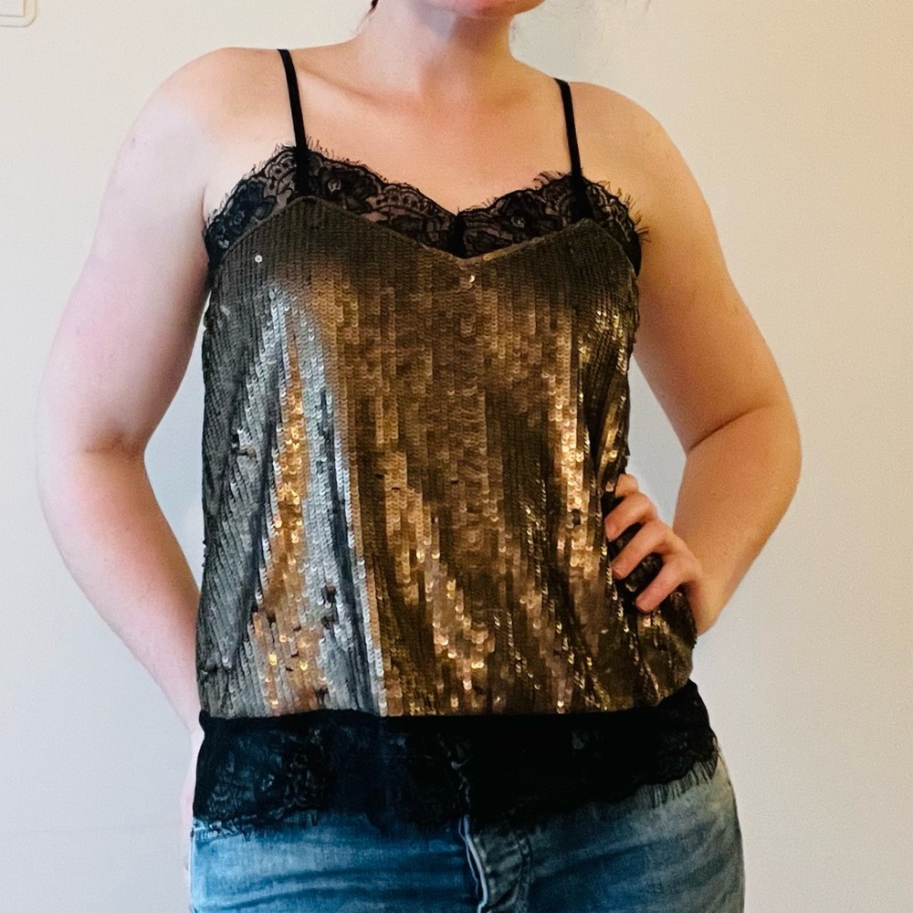 Gold sequin and lace top